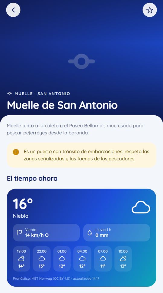 Ficha del Muelle de San Antonio con aviso y el tiempo